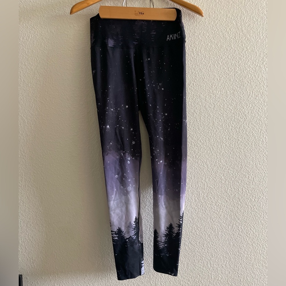 Akinz leggings - into the woods grey tone tree scene - made in USA/Colorado